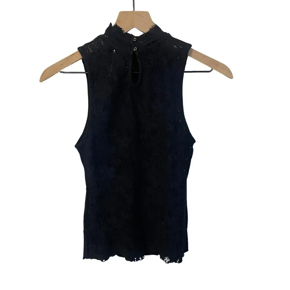 Free People Pretty Sure Black Lace Top High Neck Keyhole Back Fitted Sz XS